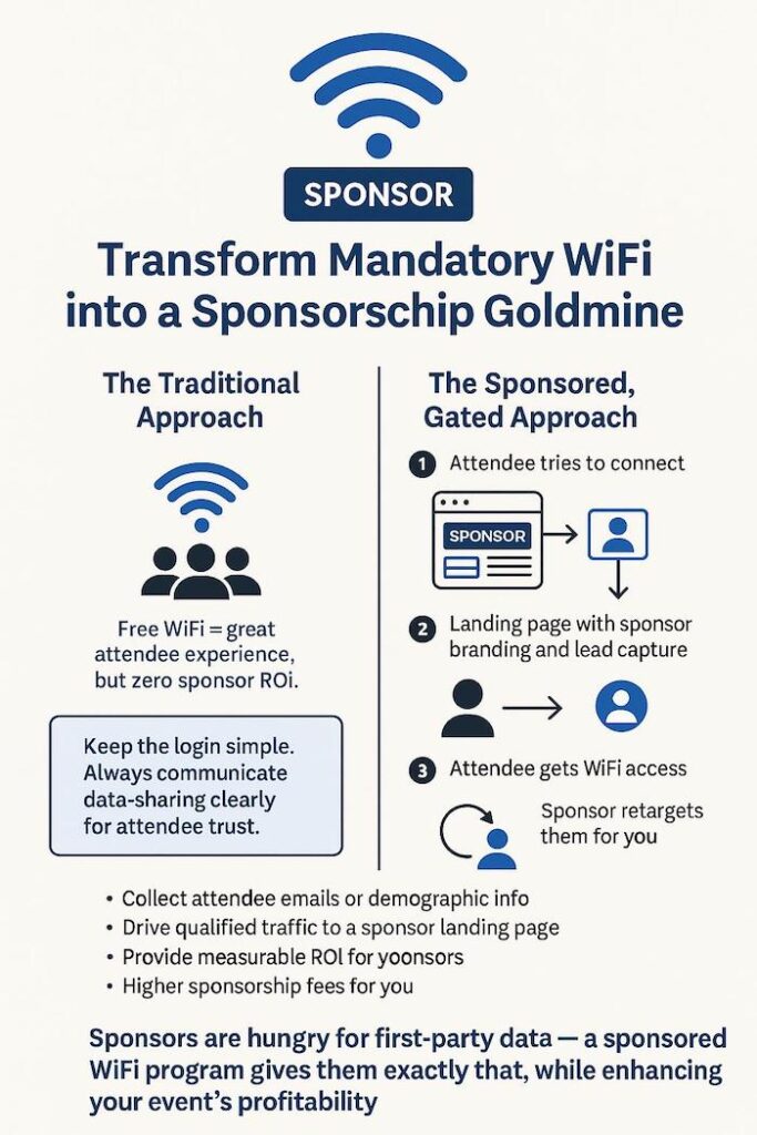 Infographic explaining how to transform conference WiFi into a sponsorship opportunity. It contrasts a traditional free WiFi approach, with no sponsor ROI, against a gated sponsored WiFi approach that captures attendee data on a landing page and allows retargeting. Includes best practices for transparency and highlights benefits such as qualified leads, measurable ROI, and higher sponsorship fees.