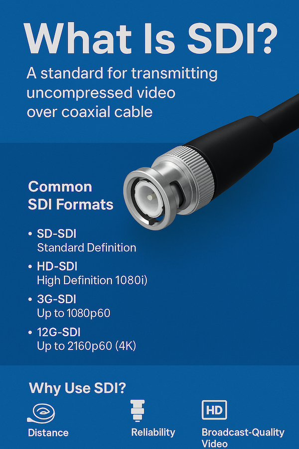 Infographic titled "What Is SDI?" featuring a BNC SDI cable and a breakdown of common SDI formats, including SD-SDI, HD-SDI, 3G-SDI, and 12G-SDI. The graphic also lists reasons to use SDI such as long-distance transmission, reliability, and broadcast-quality video. Blue background with white text and simple icons for clarity.