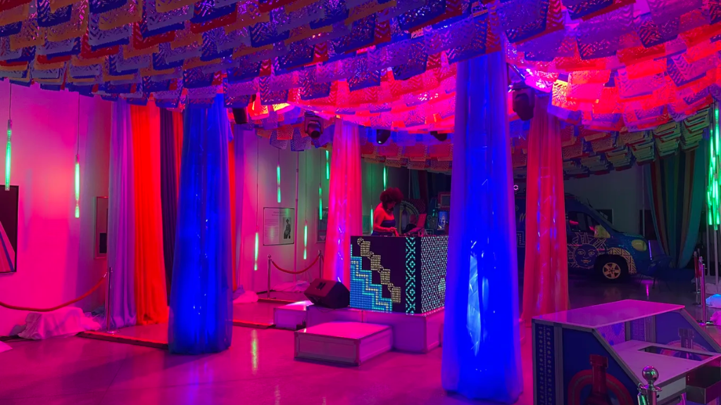 colorful draping and lighting for a brand activation for Milagro Tequila
