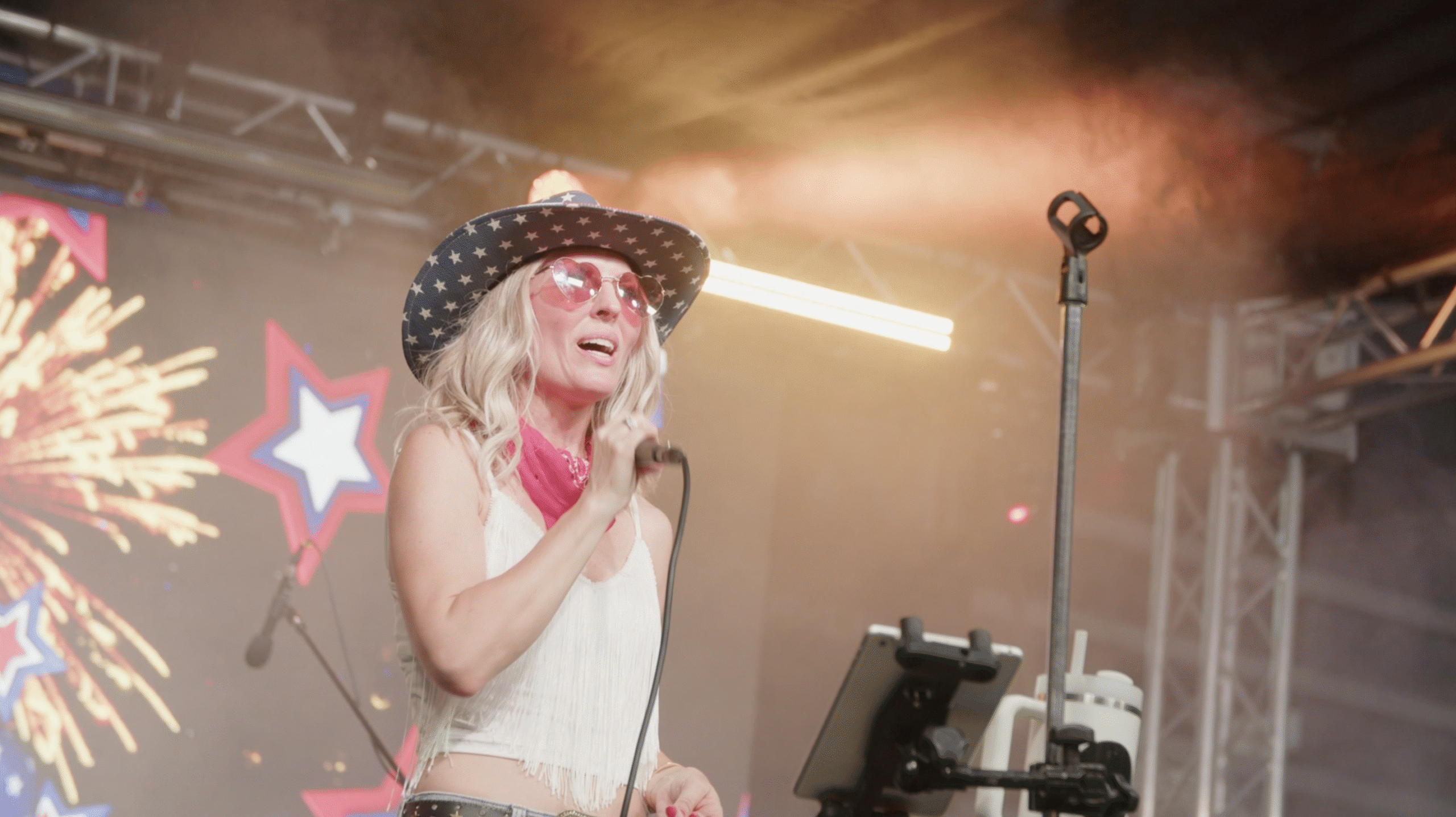 Country music artist performing at Westgate Firework Fest with synchronized firework content displayed across Centric's high-definition center stage LED video wall.