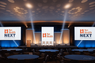 Animated 3D render showing custom scenic and LED walls for NEXT Net Health