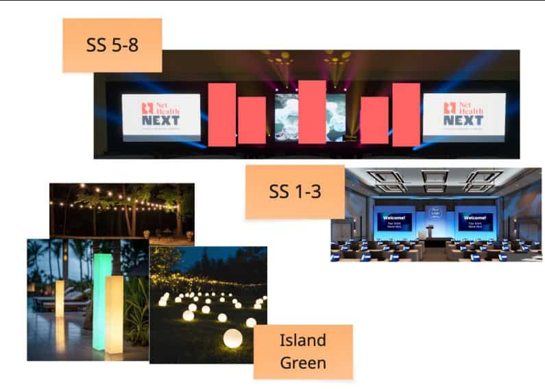 Client inspiration mood board showing custom scenic screen surrounds and outdoor lighting