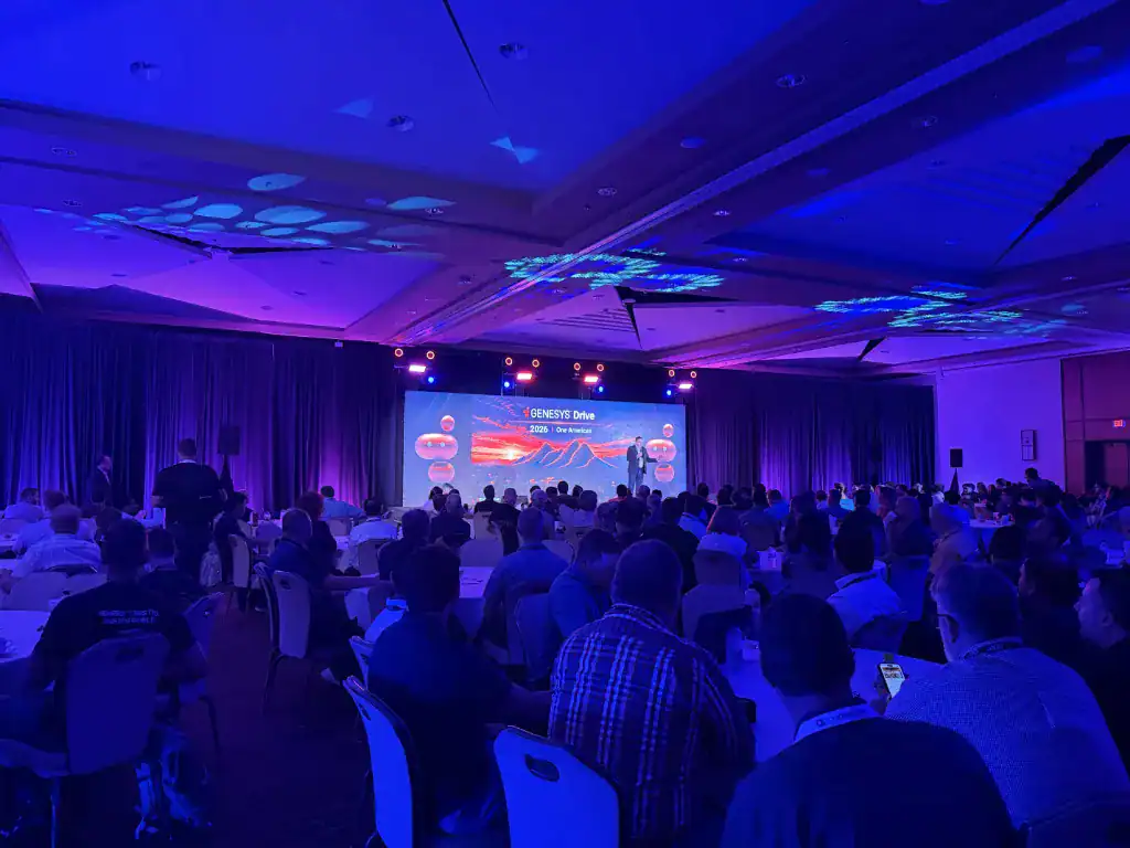 Corporate AV production setup at a resort featuring staging, screens, and lighting in Tempe, Arizona.